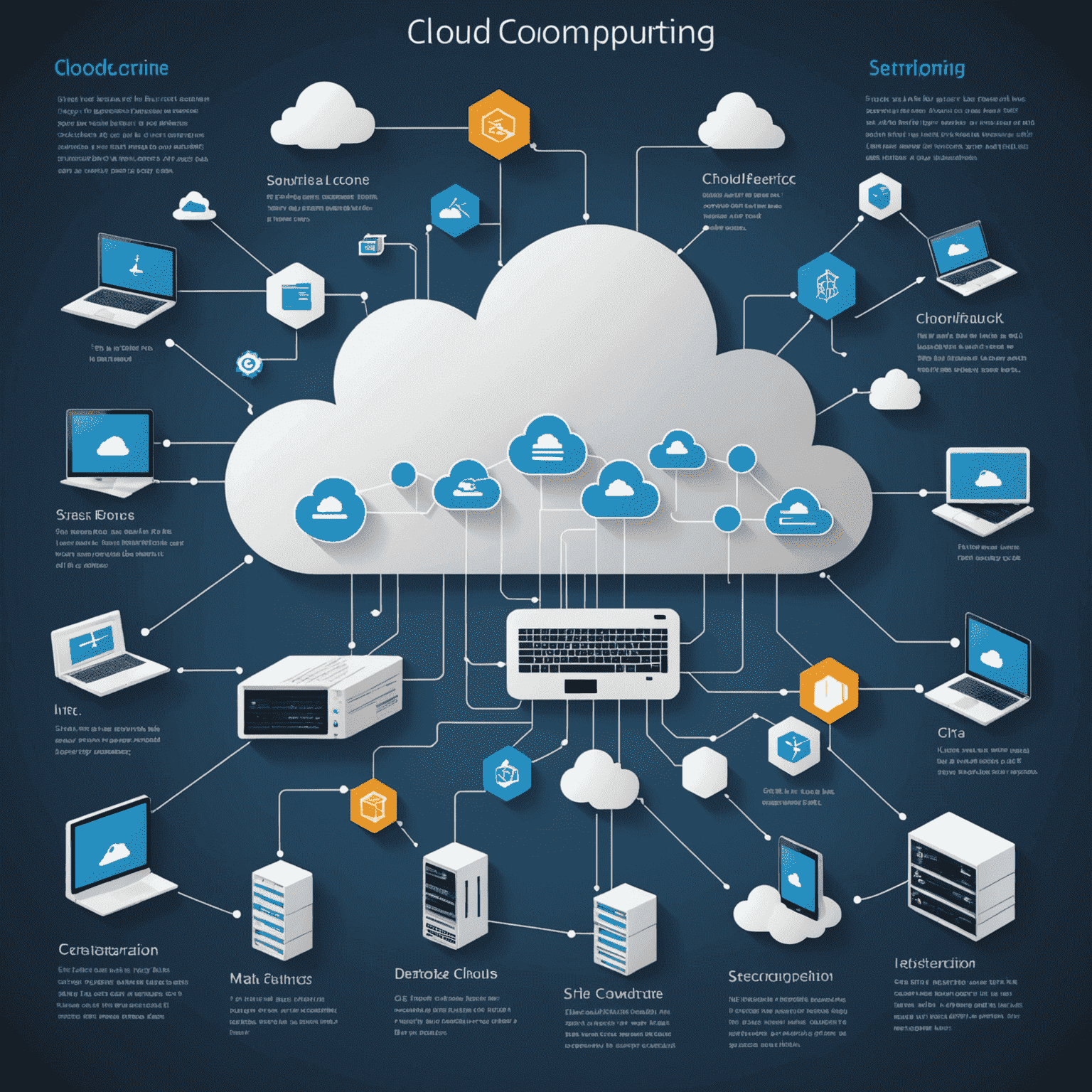 Kompleksowa infografika przedstawiająca różne aspekty cloud computingu, w tym serwery, sieci i aplikacje