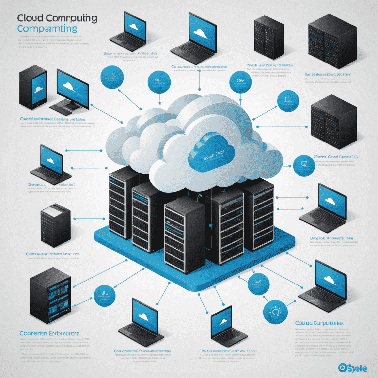 Kompleksowa infografika przedstawiająca różne aspekty chmury obliczeniowej, w tym serwery, urządzenia końcowe i przepływ danych.