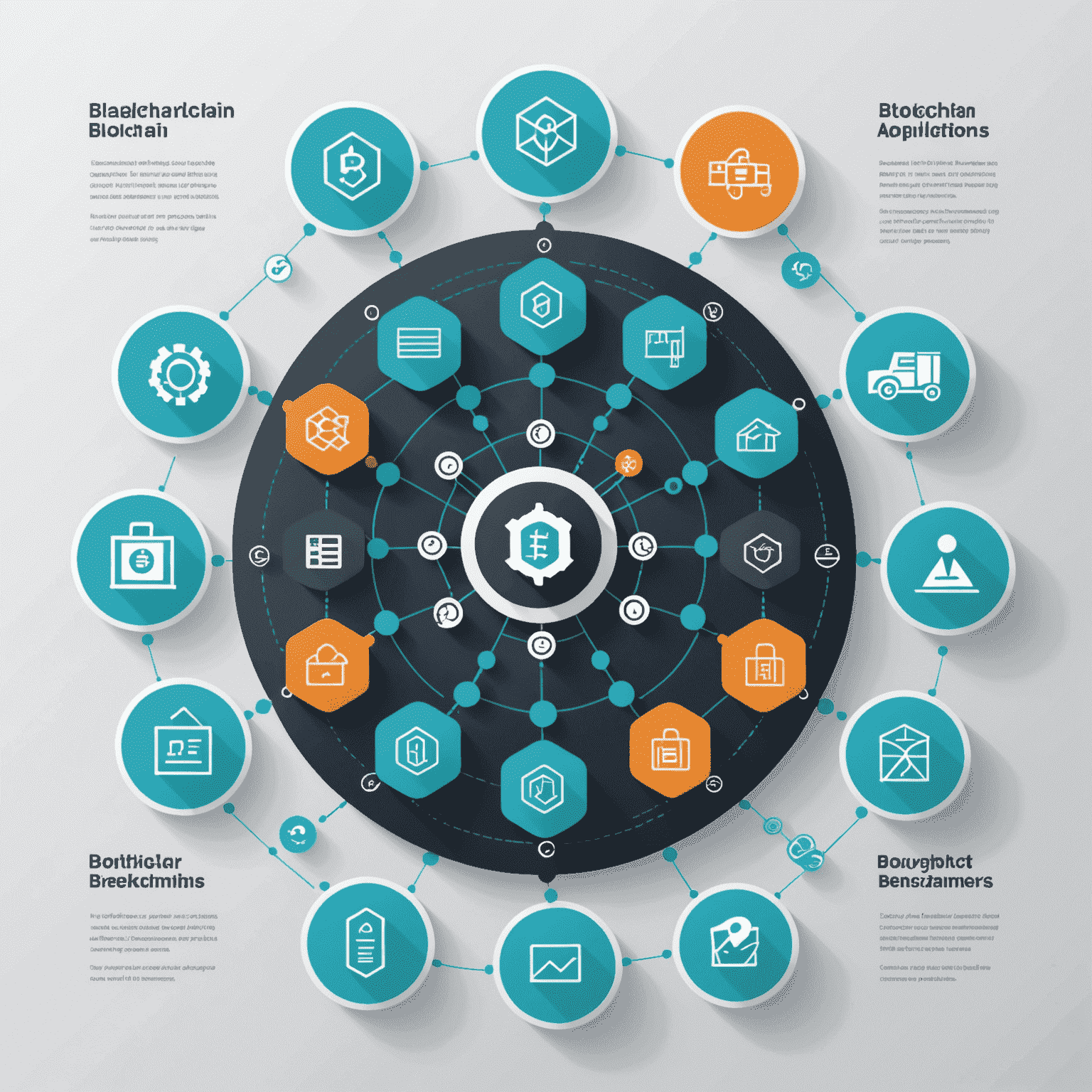 Infografika pokazująca zastosowania blockchain w różnych sektorach: łańcuch dostaw, finanse, ochrona zdrowia i energetyka. Każdy sektor jest reprezentowany przez unikalną ikonę w stylu minimalistycznym, z akcentami w kolorze cyjan.