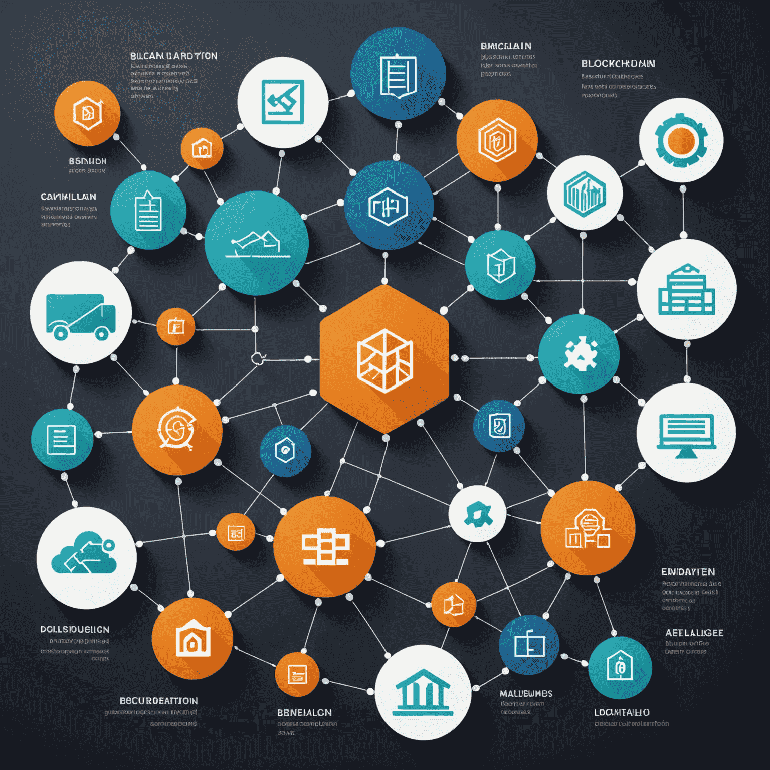 Schemat pokazujący różnorodne zastosowania blockchain w różnych sektorach biznesowych, w tym łańcuchu dostaw, finansach i zarządzaniu danymi.